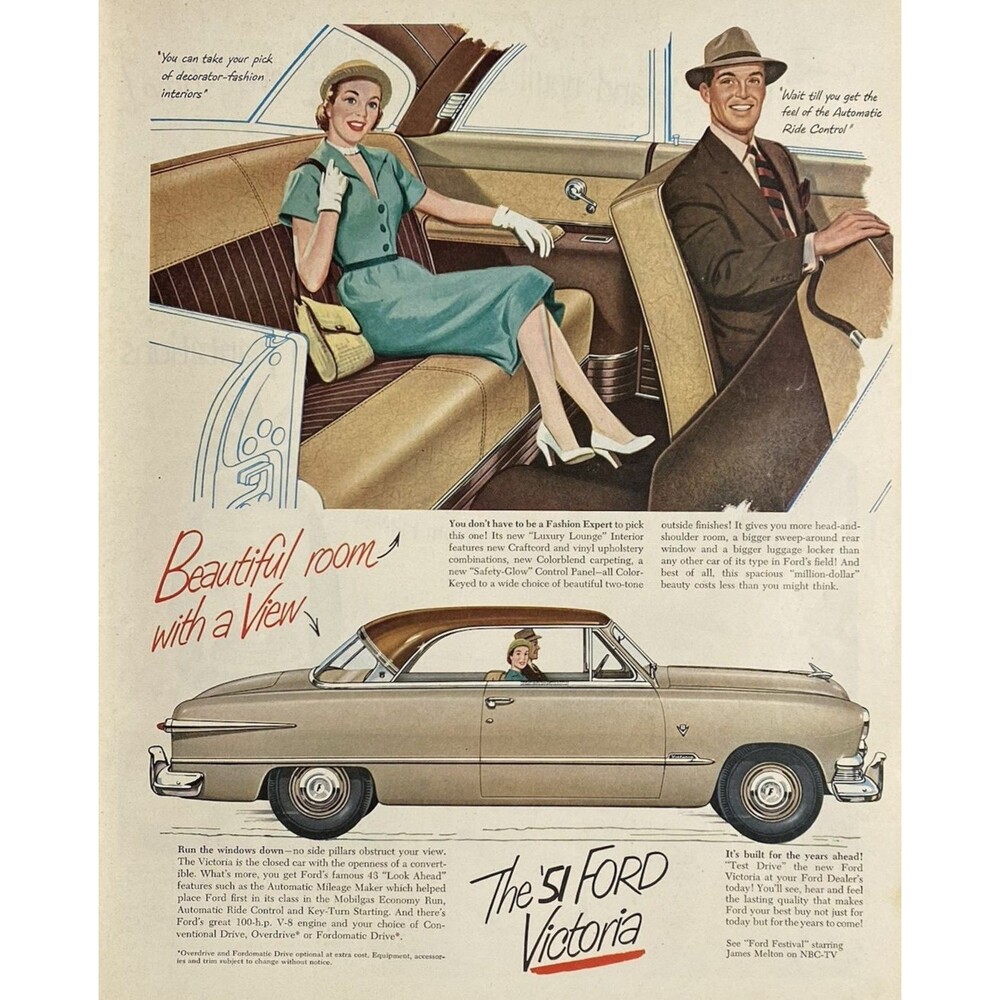 Ford Victoria "Beautiful Room with a View-Built for the years ahead" Vtg Ad 1951